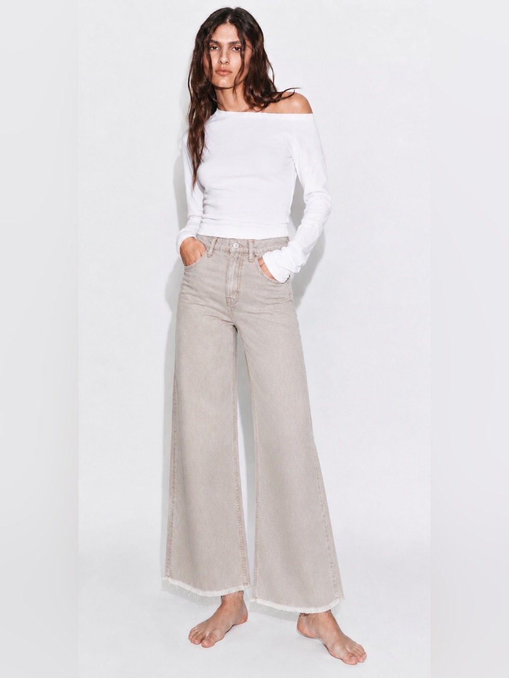 Zara Taupe Wide-Leg High-Waist Jeans